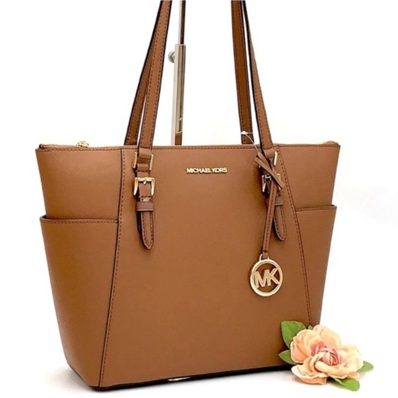 - Michael Kors Large Charlotte Tote Bag Luggage Leather Rich Brown